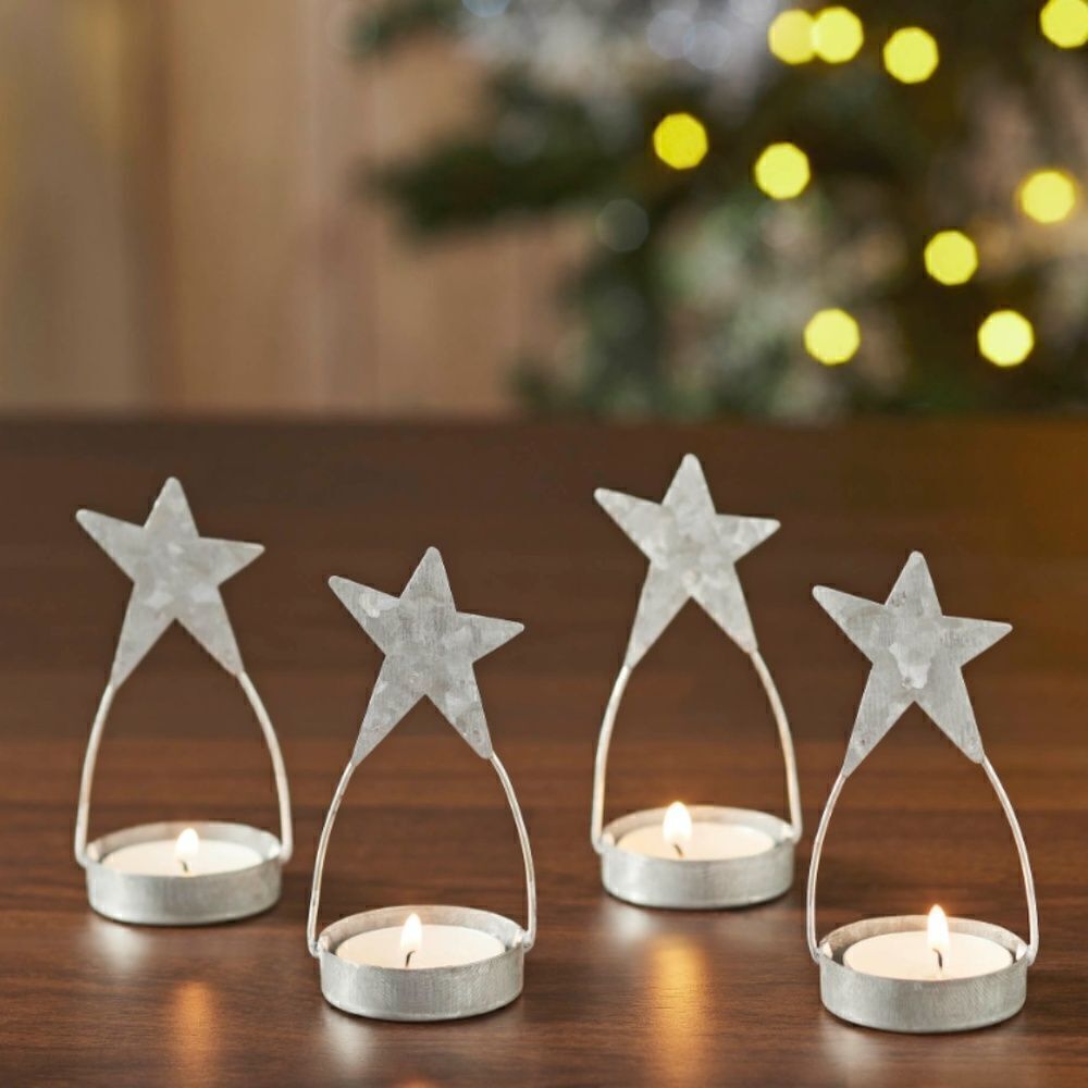 Galvanized Metal Star Tealight Candle Holder Set of Four New Farmhouse Country